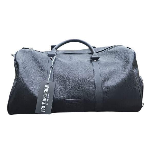 True Religion Embry Blk Faux Leather Duffel Gym Weekender Travel Bag Shoe Pocket - Picture 1 of 9